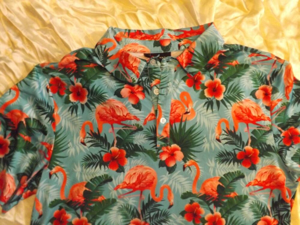 Yatta Golf Flamingo Polo Shirt Tropical Floral Print Golfing size Large